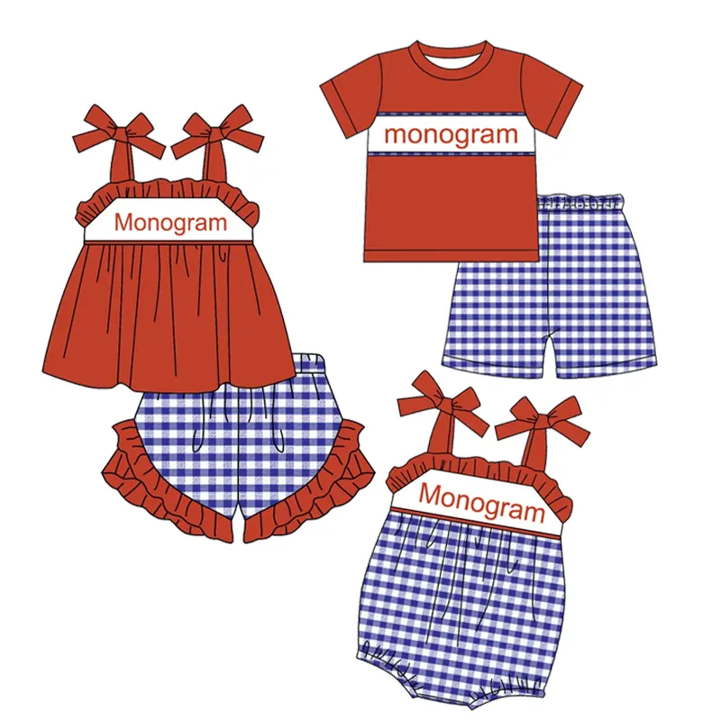 monogramm baumwolltop karierte shorts jungen 4. juli geschwister-spiele kleidung kurze Ärmel sommer baby kinder set