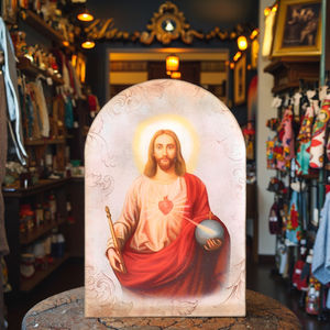 Stock de Plaque en bois arqué chrétien religieux catholique pour le Sacré-Cœur Jésus Statue d'église Signe mural en bois Boîtes d'artisanat en bois - Product Image 2