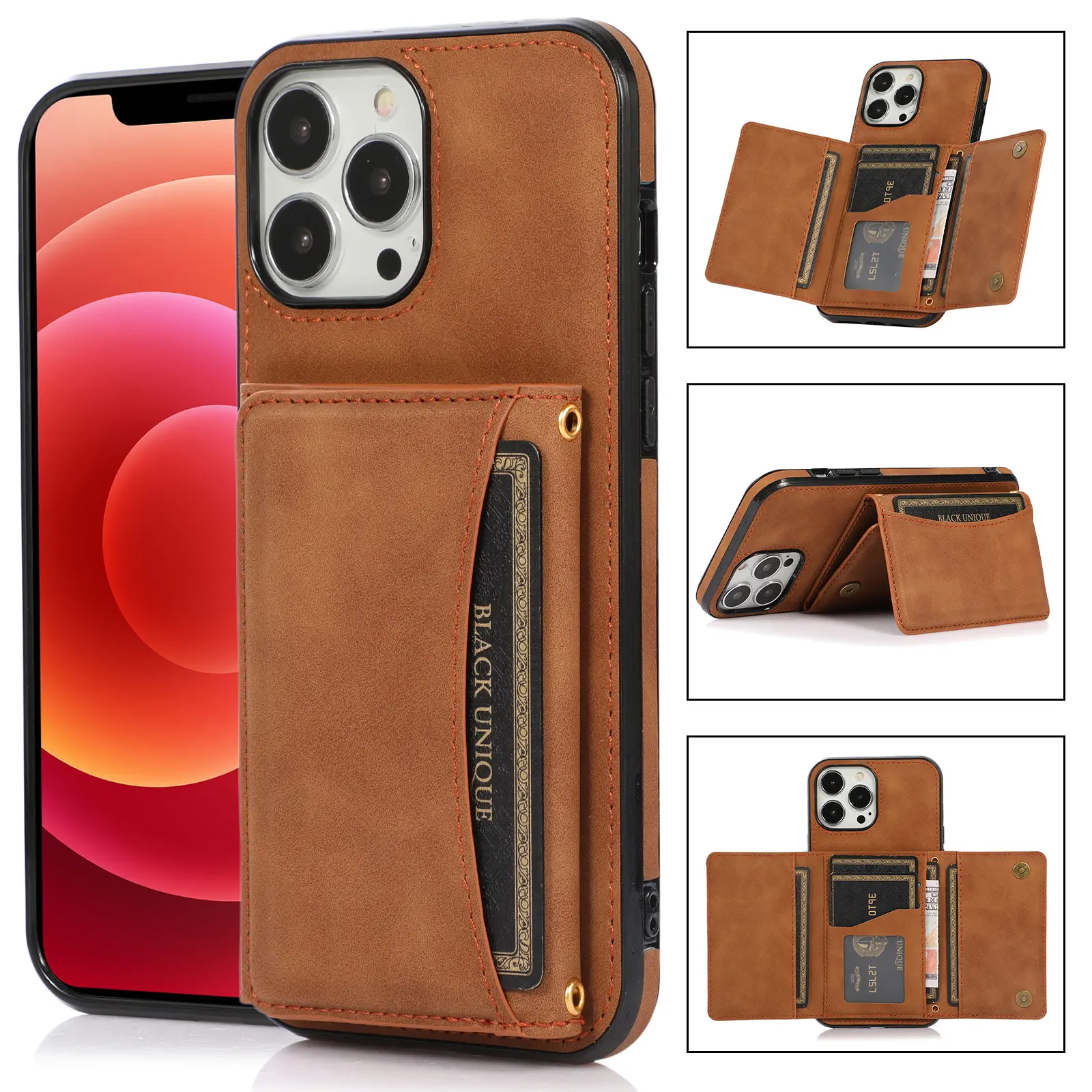 Luxury Tri-fold Leather Folding Card Wallet Function Flip Cover Credic Card Mobile Phone Case for iPhone 11/12/13/14/Pro/max