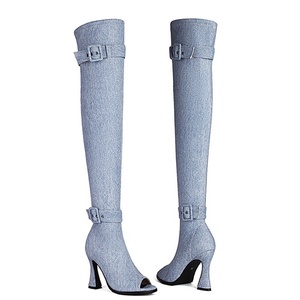 Large Size 46 Women Stretchy Thigh High <b>Boots</b> Summer Belt Buckle Denim Long Booties Over Knee Peep Toe High Heel Shoes - Product Image 6