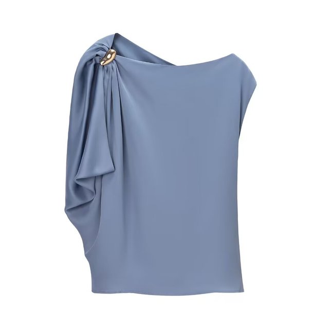 Summer Spliced Women's Asymmetric Top  Western Style Fashionable All-Match Silk Satin Casual Blouses and Tops for Ladies