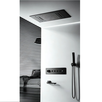 Système de douche LED encastré thermostatique avec fixation au plafond, jet de pluie, douchette à main et bec de bain, contrôle indépendant du débit