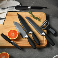Ensemble de couteaux de cuisine, ensemble de couteaux de cuisine en cadeau avec des manches en plastique argenté, lames noires tranchantes comme des rasoirs, poignées à prise souple