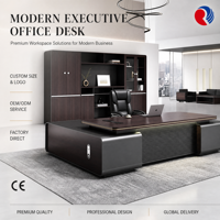 Bureau de direction en forme de L de style européen, table de patron intelligente avec prise électrique, poste de travail robuste en bois grainé pour bureau de PDG ou de directeur