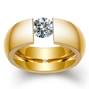 Bague géométrique en or avec zircon rond serti par tension, bijou unisexe tendance, cadeau - Product Image 1