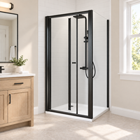 Porte de douche pliante moderne noire avec cadre, panneau latéral fixe en verre transparent et design gain de place pour salles de bain d'angle