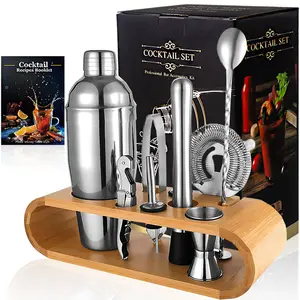 Cocktail Shaker Set Bartender Kit 10 PCS Bar Tool Set With Bamboo Stand 550 ML Cocktail Set Kit Accessories For Drink Mixing