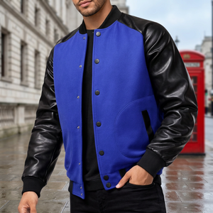 Blouson universitaire noir pour homme avec manches en cuir PU, col montant, coupe classique, fermeture boutonnée, style décontracté, hiver, logo frontal - Product Image 1