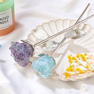 Natural Crystal Chip Dried Flower Rose <b>Ornament</b> - Handmade Resin Craft with Gold Stem, Romantic Wedding Decor & Valentine's Day - Product Image 2