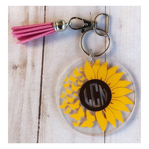 <span class=keywords><strong>Porte</strong></span>-<span class=keywords><strong>clés</strong></span> personnalisé en vinyle vierge de grande taille, disque transparent en acrylique, pompon tournesol - Product Image 1