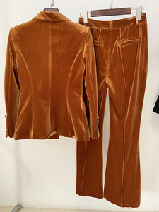 Completo da Ufficio da <span class=keywords><strong>Donna</strong></span> Marrone 2023, Blazer Corto in <span class=keywords><strong>Velluto</strong></span> a Tinta Unita con Maniche Lunghe e <span class=keywords><strong>Pantaloni</strong></span> a Zampa, Monopetto, Autunnale - Product Image 2