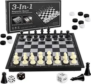 3 in 1 Magnetic Travel Chess Set with Folding Chess Board for Kids and Adults Checkers Backgammon International Chess Board Game