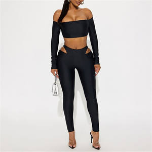 Set pakaian ketat wanita, atasan Crop kerah Slash + legging berongga pinggang tinggi yang cocok pakaian olahraga kasual 2 potong - Product Image 3