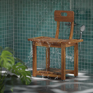 Solid Wood <b>Bathroom</b> Shower Chair With Backrest And <b>Storage</b> Shelf For Adults - Product Image 4
