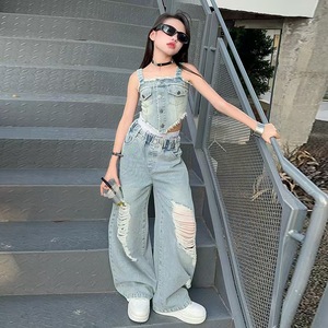 Nouvelle mode 2 pièces ensembles de vêtements pour filles gilet en denim solide sans manches + pantalon en jean déchiré pour les tenues d'été et d'hiver pour les adolescentes - Product Image 3