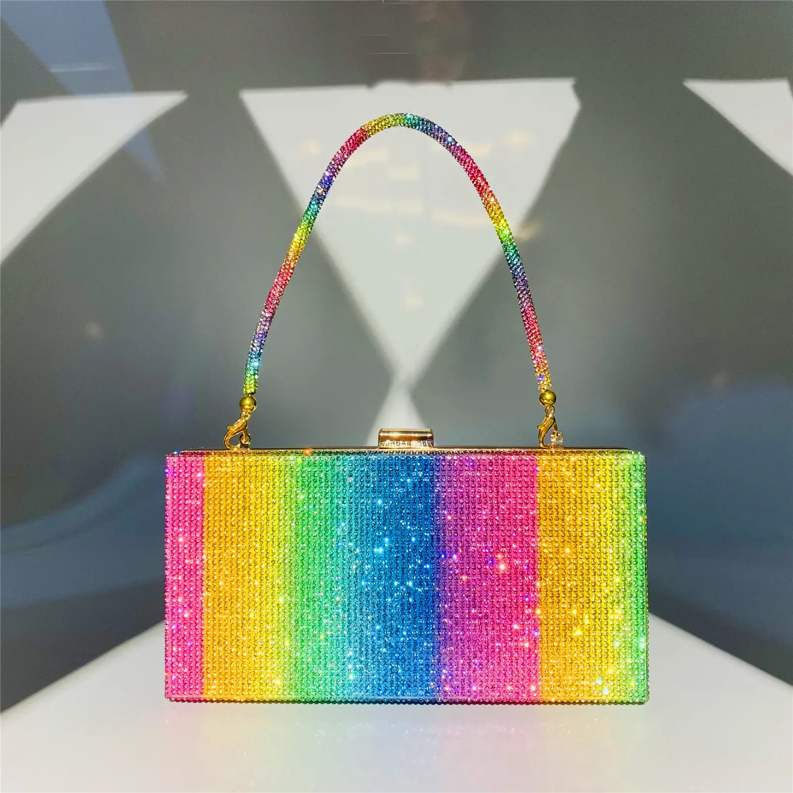 Bolso de mano con cristales de colores del Arcoíris para mujer, cartera colorida con diamantes de imitación