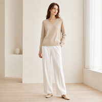 Pull en maille fine beige pour femme, manches longues, col rond, marque privée, vente en gros