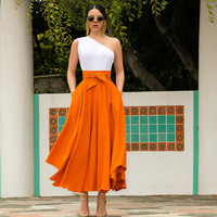 2022 Zomer Herfst Mode Vrouwen Casual Effen Kleur Voorste Tie Hoge Taille Grote Swing Lace Up Maxi Rokken