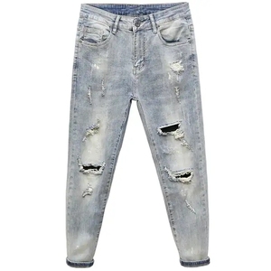 Pantalones de mezclilla de punto de algodón orgánico finos casuales para <span class=keywords><strong>hombre</strong></span>, de cintura alta, corte recto medio, con bordado de agujeros <span class=keywords><strong>rotos</strong></span>, formales para hombres jóvenes - Product Image 3