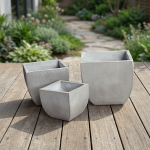 Modern Classic Set of 3 Grey Fiber Concrete Outdoor Floor Planters | Weather-Resistant Eco-Friendly Flower <b>Pots</b> <b>for</b> Home Garden - Product Image 1