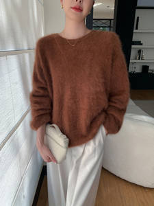 로얄 벨벳 100 마운틴 캐시미어 여성용 한국 스타일 슬림핏 니트 소매 두꺼운 고급스러운 롱헤어드 루즈 스웨터 - Product Image 3