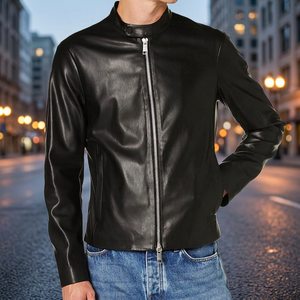 Solid Color Casual <b>Men's</b> Eco-Friendly Breathable Leather Winter <b>Jacket</b> Zipper Hooded Front Logo Customizable OEM Service - Product Image 3