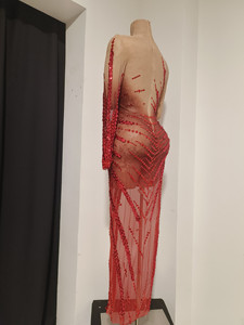 Abito da Sera Lungo Monospalla Rosso con Strass e Paillettes, Vestito da Donna con Spacco Alto per Feste in Club, Abito da Cerimonia per Festival - Product Image 3