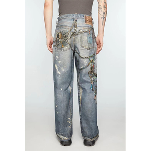 Jeans da <span class=keywords><strong>Uomo</strong></span> in Denim di <span class=keywords><strong>Cotone</strong></span> di Alta Qualità, Stampa Diretta a Getto d'Inchiostro, Effetto Graffiti, Distressed, Vestibilità Larga, Casual, Tintura Effetto Fango, Effetto Distrutto, Taglie Forti - Product Image 5