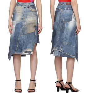 กระโปรงยีนส์ทรงใหม่แบบมีแผ่นต่อผ้า ไม่ยืด สีน้ำเงิน รุ่นรีเวิร์ค ความยาวปานกลาง สำหรับผู้หญิง - Product Image 1