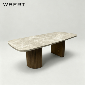 Table à manger ovale en marbre de style américain WBERT, plateau en pierre et base en bois massif, mobilier contemporain pour la maison - Product Image 2