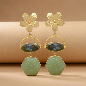 Pendientes de Flor Dorada con Gemas de Jaipur, Labradorita y Jade, Diseño Étnico Chapado en Oro para Mujer, Unisex, para Fiestas - Product Image 3