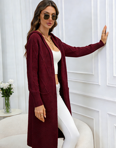 Cárdigan largo con capucha para mujer, color burdeos, de punto, con bolsillos, corte holgado, de secado rápido, para otoño - Product Image 3