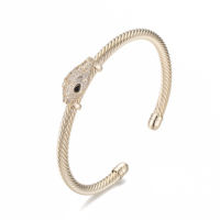 Bracelet Serpent Ouvert Torsadé en Or Blanc avec Zircons Cubiques Transparents et Yeux en Pierre Noire, Réglable, Bijou de Soirée pour Femme