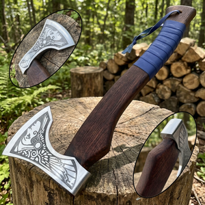 Hacha Tomahawk de Acero Forjado a Mano con Mango de Madera y Envoltura Azul, Hacha de Supervivencia para Exteriores con Diseño de Hoja Grabado Personalizado - Product Image 3