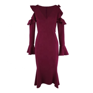 Dames Hors épaule Profonde V Cou Manches Longues Sexy Sirène Cocktail Boutique Volants Robe de Bandage - Product Image 5