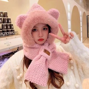 <b>Cute</b> <b>Bear</b> Hat And Scarf Set Women Winter Plush Warm Fleece Lined Neck Protector Stylish Commute Solid Color One Piece - Product Image 4