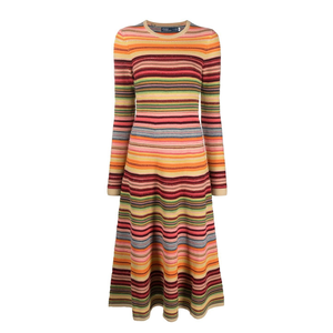 Vestido de punto de mujer de manga larga informal a rayas coloridas suéter de gran tamaño cómodo con logotipo frontal - Product Image 1