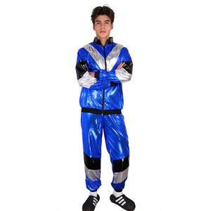 メンズ80年代ディスコ衣装ハロウィーンレトロダンスウェア2ピースジャケットパンツカーニバル服装シャイニーブルーメンズパーティーディスココスチュームセット - Product Image 1