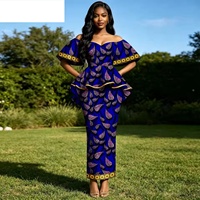 Pakaian Afrika untuk Wanita, Atasan Bordir Lengan Lonceng Off Shoulder dan Set Rok Midi, Pakaian Cetak, Busana Ankara 2626040