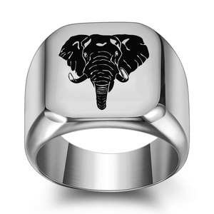 Elephant Laser Engraved Stainless Steel <b>Ring</b> 18mm Square Men's Fashion Jewelry Gift - Product Image 3