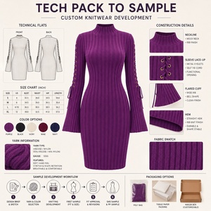 Abito Maglione Donna Autunno Inverno di Alta Qualità <span class=keywords><strong>in</strong></span> Cotone Lavorato a <span class=keywords><strong>Maglia</strong></span> Colore Viola con Lacci e Maniche Lunghe a Campana - Product Image 2