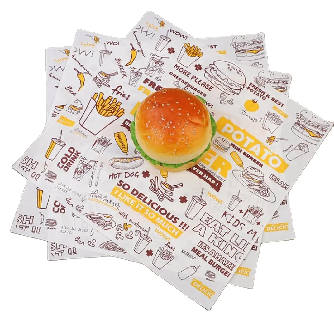Papel de revestimiento de bandeja recubierto de PE a prueba de aceite impreso con logotipo personalizado para comida frita de sándwich Burge