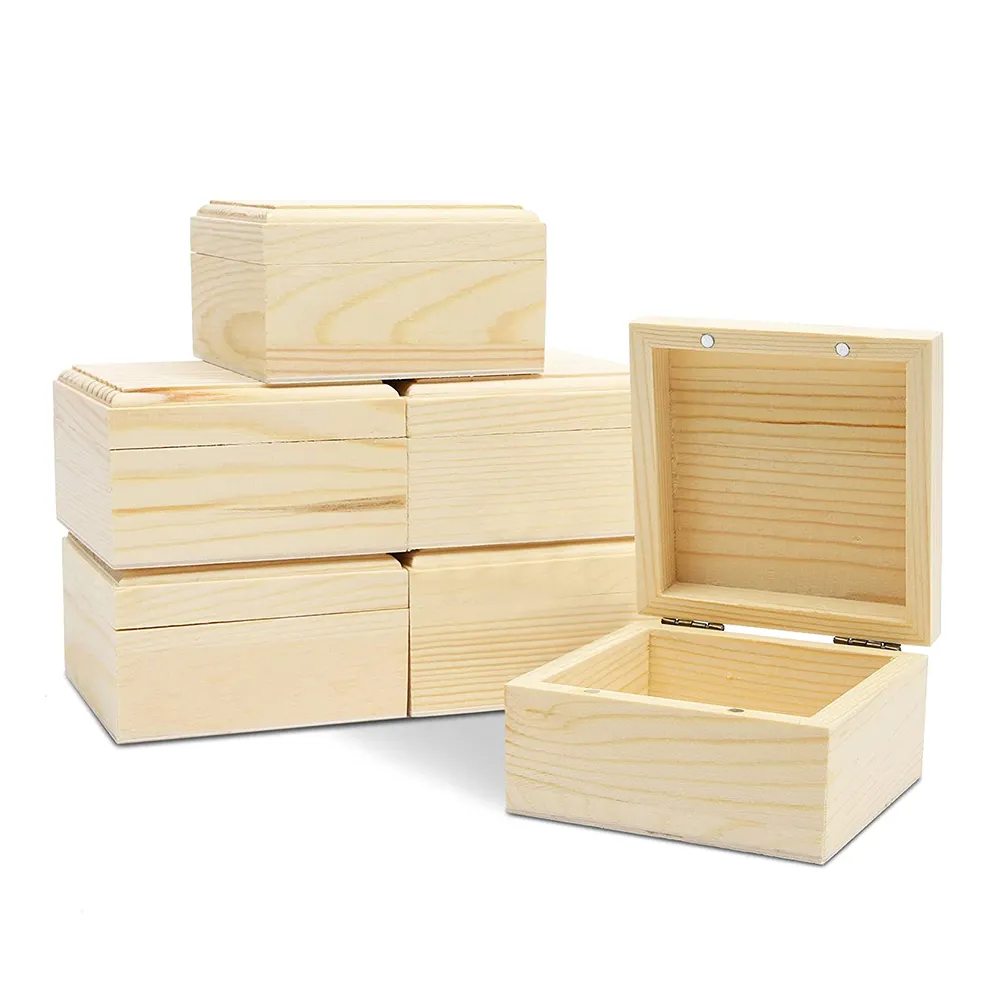 Unfinished Wood Gift Box with Hinged Lid Square Wood Stash Box Wooden Jewelry Box