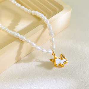 Colliers pendentifs <span class=keywords><strong>licorne</strong></span> en acier inoxydable plaqué or, nouvelle mode, avec <span class=keywords><strong>perle</strong></span> naturelle d'eau douce, bijoux élégants - Product Image 4
