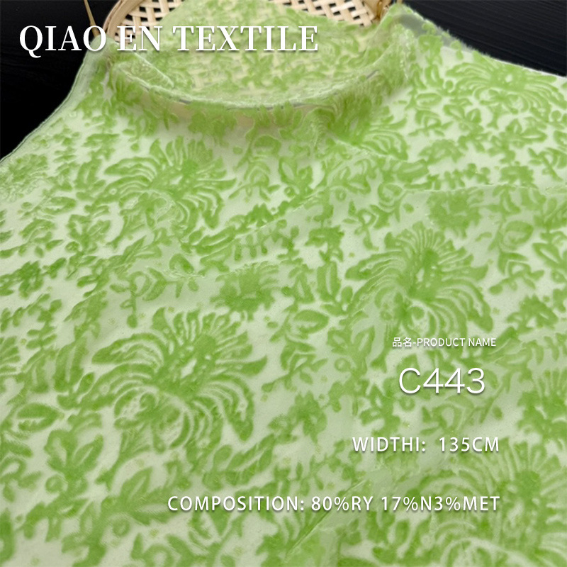 Base Green Floral Burnout Velvet Fabric, Semi-Sheer Devore Velvet for Spring Apparel