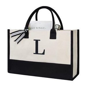 Personalized Initial Canvas <b>Beach</b> <b>Bag</b> Monogrammed Gift Cotton Tote <b>Bag</b> With Letter Embroidery - Product Image 1