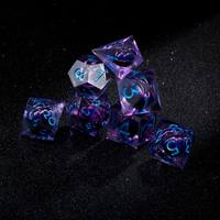 Ensemble de dés Mystic Dragon Eye Liquid Core 7 pièces, dés polyédriques en résine violette à bords tranchants pour jeux de table