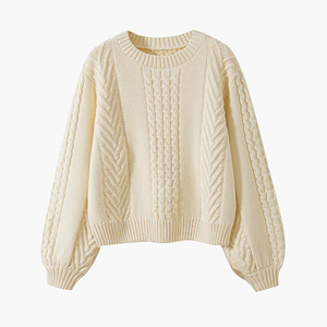 Áo len dệt kim cổ tròn tay đèn mùa thu đông <span class=keywords><strong>100</strong></span>% cotton, kiểu dáng cá tính năm 2025 dành cho nữ - Product Image 2