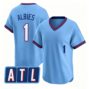 Camiseta de Béisbol Azul para Hombre, Bordada, de los Blue City, con los Nombres de Ronald Acuña Jr, Ozzie Albies, Matt Olson, Austin Riley, Hank <span class=keywords><strong>Aaron</strong></span>, Chipper <span class=keywords><strong>Jones</strong></span> - Product Image 3