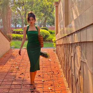 Vestido Lápiz Vintage de Estilo Francés con Cuello Halter, Largo hasta el Suelo, Cintura Natural, Sin Espalda, Transpirable, Falda de Fiesta, Casual de Verano - Product Image 4